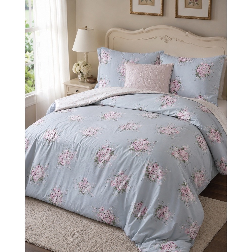 Simply Shabby Chic Rachel Ashwell King Comforter Set Blue Roses 4 Pc